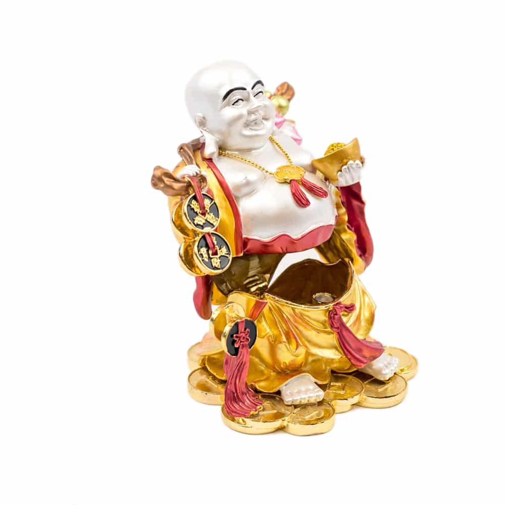 Buddha razand cu toiag, monede, pepita, floare de piersic si sacul abundentei din metal